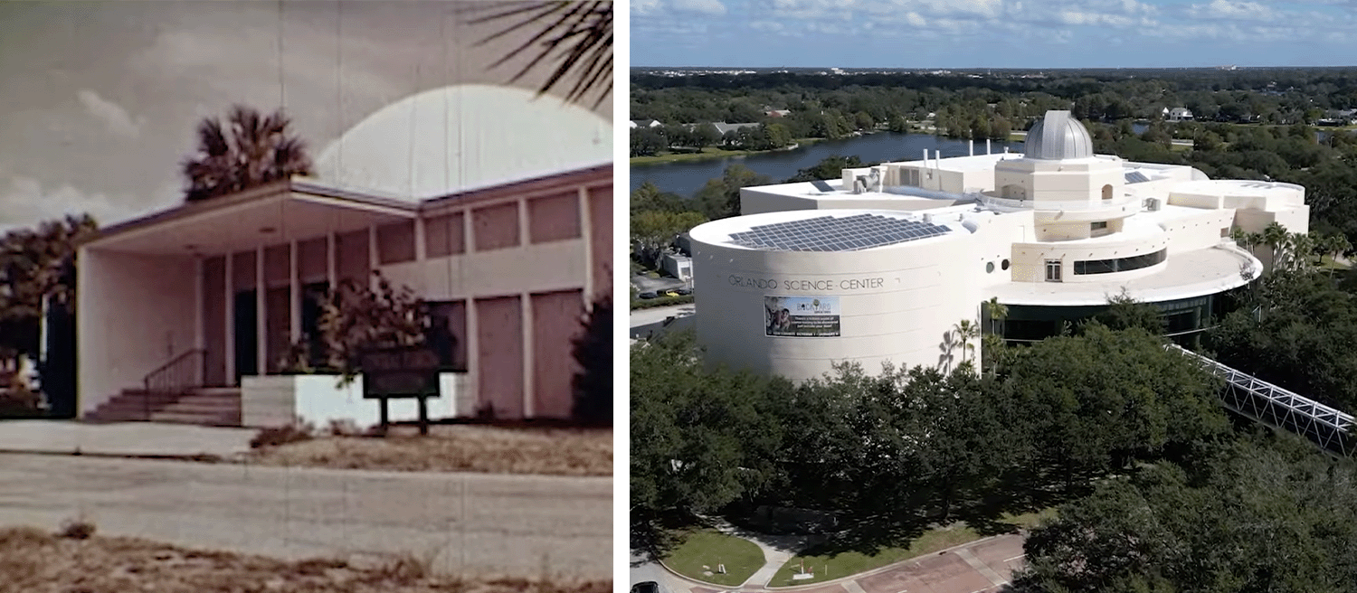 two images of orlando science center in the 1960s and now
